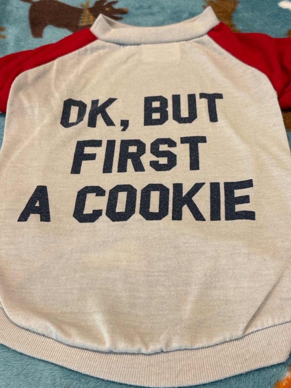 Red & White Dog Raglan Tee with 'OK, BUT FIRST A COOKIE' Graphic medium